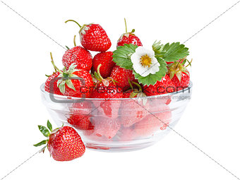 Strawberries with leaves and flower on plate