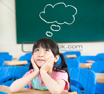 little girl in the classroom with thinking cloud symbol