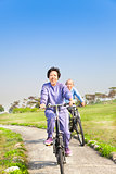 asian seniors couple biking in the park
