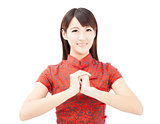 happy chinese new year.  asian woman with Congratulation gesture