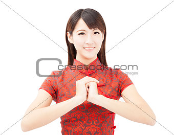 happy chinese new year.  asian woman with Congratulation gesture