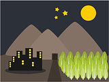 Mountain city and tree at night illustration