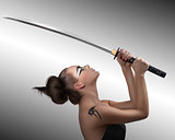 brunette in japan style with katana turned at left