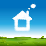 Abstract House From Clouds In Blue Sky And Green Landscape