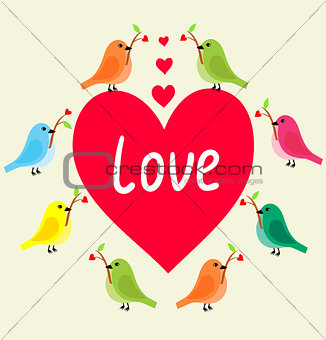 Birds with heart`s branch in Love Banner.