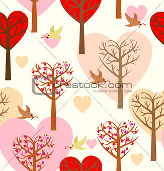 Seamless pattern with hearts, trees and birds. 
