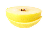 Two slices of a fresh yellow apple