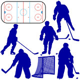 Set of silhouettes of hockey player. Isolated on white. Vector  