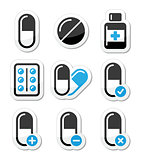 Pills, medication  vector icons set