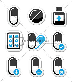 Pills, medication  vector icons set