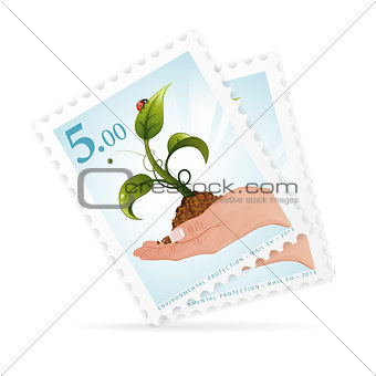Postage Stamps with Hand and Sprout