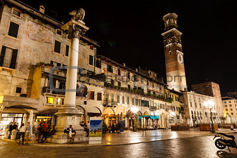Lamperti Tower and Piazza delle Erbe at Night, Verona, Veneto, I