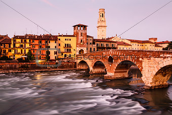 View of Adige River and Saint Peter Bridge in Verona, Veneto, It