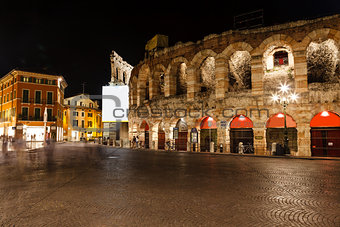 Ancient Roman Amphitheater on Piazza Bra in Verona at Night, Ven
