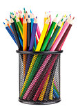 Various color pencils in black container