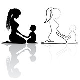 Mother and baby icon silhouettes. Woman family child protect vector. Line drawing. Sketch silhouette.