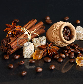 Coffee beans and spices.