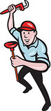 Plumber With Monkey Wrench And Plunger Cartoon
