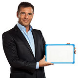 one business man holding showing whiteboard