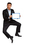 one business man jumping holding showing whiteboard