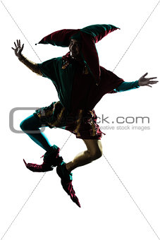 man in jester costume silhouette jumping