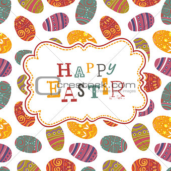 Easter greeting on seamless eggs pattern. Vector, EPS10