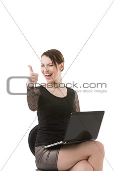 Happy smiling business woman with thumbs up gesture, isolated on white