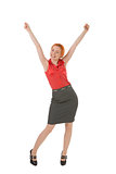 Happy business woman celebrating success on white