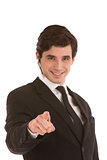 Handsome business man pointing on white background