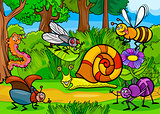 cartoon insects on nature rural scene