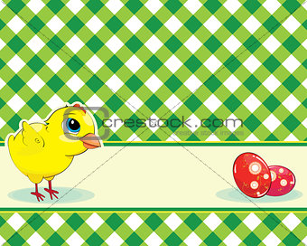 checkered background with chicken and easter eggs
