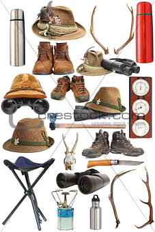 collection of hunting and outdoor equipment