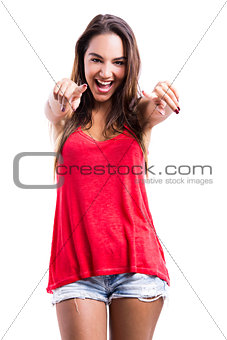 Happy woman looking and pointing
