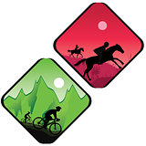Biker and horse rider silhouette in sunrise