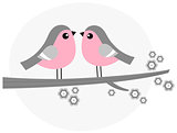 Cute bird couple on blossom branch - retro