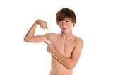 Muscle Teen Points at Bicep