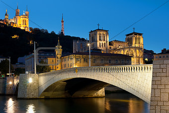 Lyon over the Saone river at night