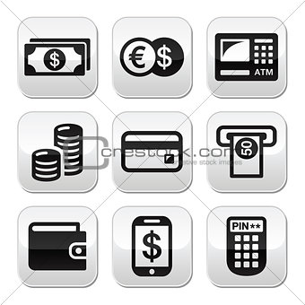 Money, atm - cash mashine vector buttons set