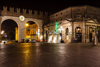 Medieval Gates in the Wall to Piazza Bra in Verona at Night, Ven