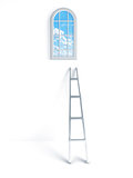 ladder against the wall and the window with clouds and blue sky