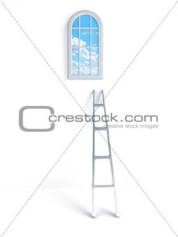 ladder against the wall and the window with clouds and blue sky