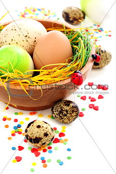 Colorful Easter eggs and cake decorations.