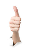 Human showing thumbs up through the paper