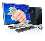 Computer with fist full of cash