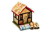 Small house isolated on a white background and rolls of money