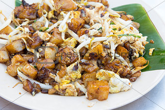 Penang Fried Rice Cake with Bean Sprouts Closeup