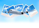 Travel background with airplane in front of photos of blue sky. 