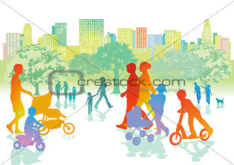 Families with children are walking in the park