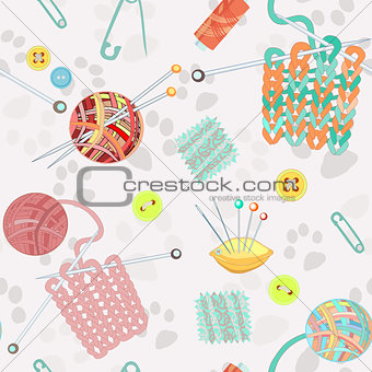 Retro seamless pattern with hand drawn knitting accessories