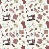 Retro seamless pattern with sewing accessories, sewing tailor and mannequins